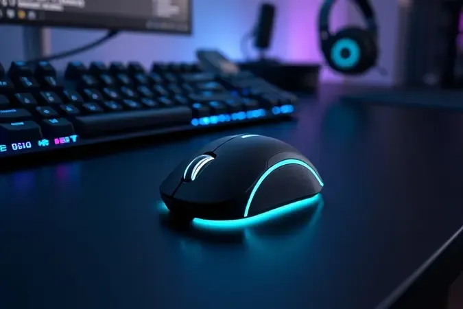 Mouse gamer profissional sobre mesa moderna com teclado e headset ao fundo em renderização 3D conceitual para eSports.