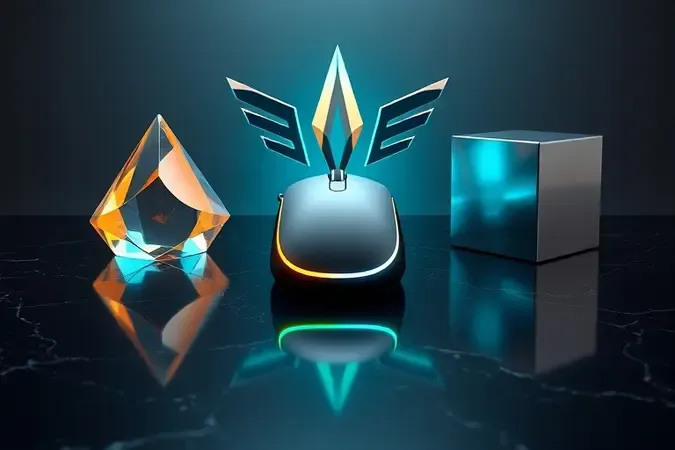 Composição conceitual 3D de mouse gamer com formas abstratas representando precisão, velocidade e durabilidade.