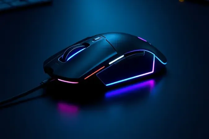 Mouse gamer futurista com iluminação RGB sutil em superfície escura destacando precisão e velocidade.