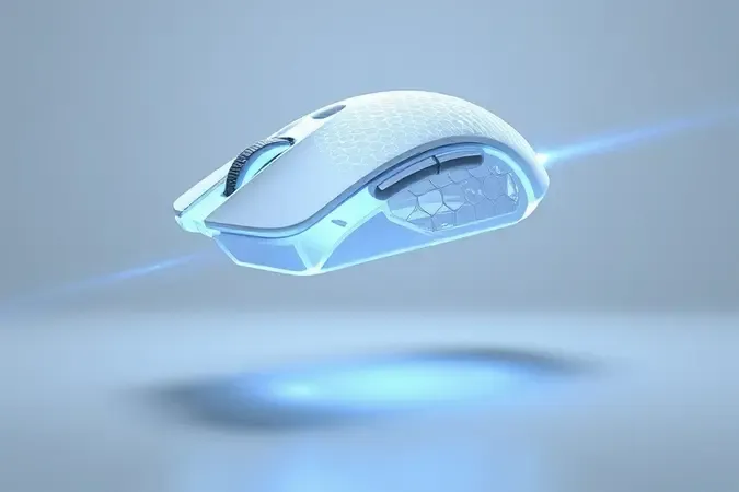 Mouse gamer ultraleve com design honeycomb flutuando em composição 3D minimalista que sugere leveza e velocidade.