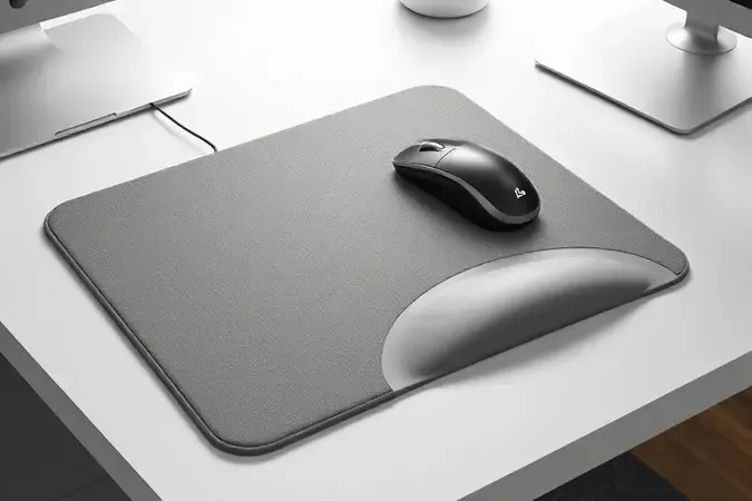 Mouse pad ergonômico com apoio de pulso integrado em gel sobre mesa limpa, com mouse elegante, em renderização 3D.