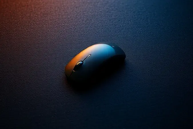Render 3D macro de mouse gamer deslizando sobre superfície texturizada de mousepad com iluminação dramática e rastros de movimento