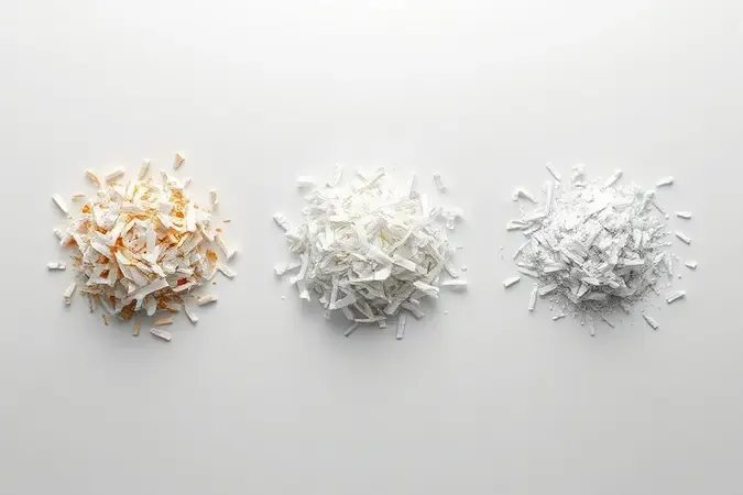 Renderização 3D comparando níveis de segurança de fragmentação com diferentes tamanhos de partículas de papel lado a lado.