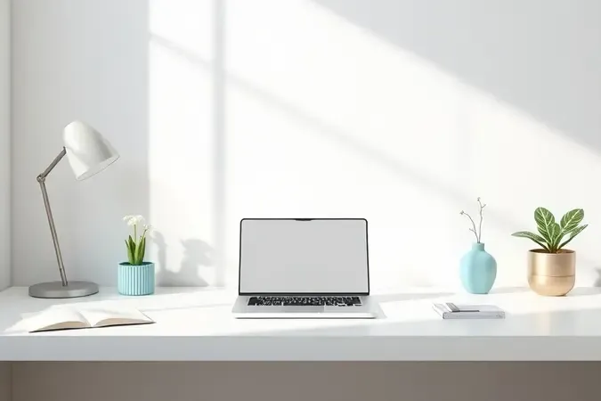 Cena conceitual 3D mostrando um notebook acessível em um ambiente de trabalho minimalista, representando a relação custo-benefício.