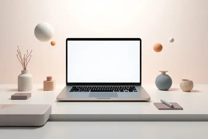 Notebook moderno em mesa de trabalho criativa com elementos abstratos representando design gráfico e edição.