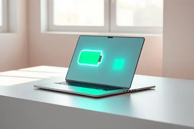 Render 3D conceitual de notebook ultrafino sem marca com ícone abstrato de bateria flutuante representando leveza e portabilidade.