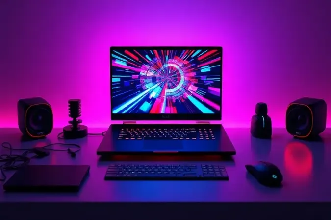 Notebook gamer em mesa minimalista com iluminação ambiente RGB e gráficos abstratos na tela