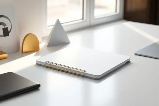 Cena conceitual 3D de notebook intermediário representando valor e custo-benefício com elementos abstratos dourados e iluminação natural.
