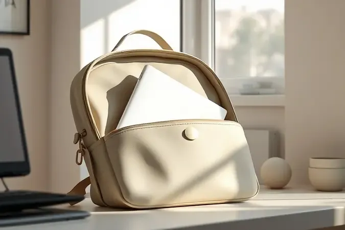 Renderização 3D conceitual de notebook fino em mochila minimalista simbolizando portabilidade e bateria