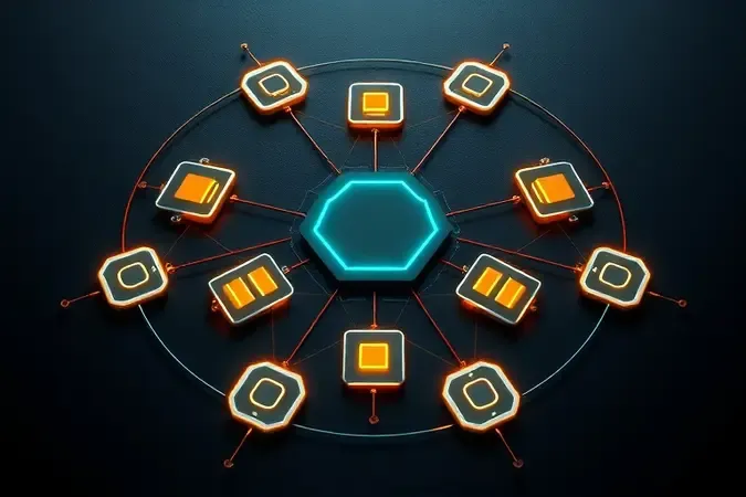 Renderização 3D conceitual de múltiplos núcleos e threads de processador organizados em padrão geométrico moderno