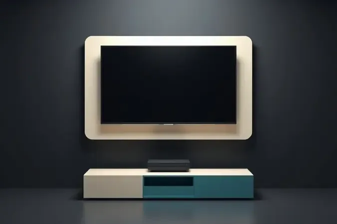 Composição 3D abstrata com formas geométricas representando resolução, conectividade e recursos smart de TV.