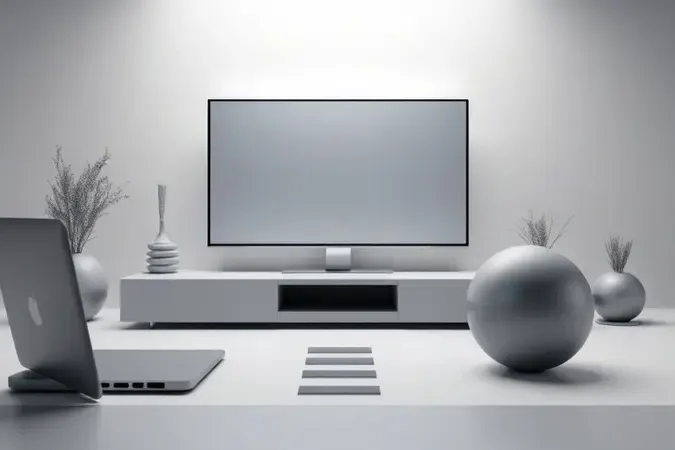 Conceito 3D de avaliação de TV com ambiente clean e elementos abstratos de checklist em estilo minimalista.