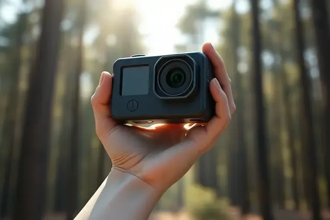 Render 3D conceitual de câmera de ação compacta sem marca em mão geométrica com fundo de natureza desfocado.