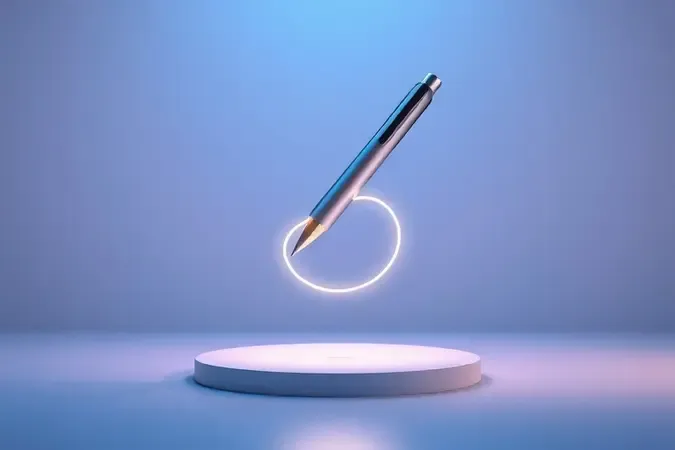 Render 3D de uma caneta 3D flutuando sobre superfície limpa com filamento criando forma abstrata no ar.