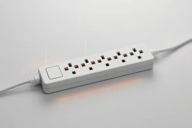 Ilustração 3D conceitual de um filtro de linha moderno com múltiplas tomadas, destacando sua função de distribuição elétrica de forma minimalista.