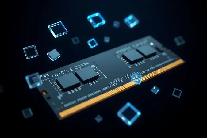 Renderização 3D de módulo de memória RAM com camadas internas visíveis e blocos de dados flutuantes, representando armazenamento temporário de dados.