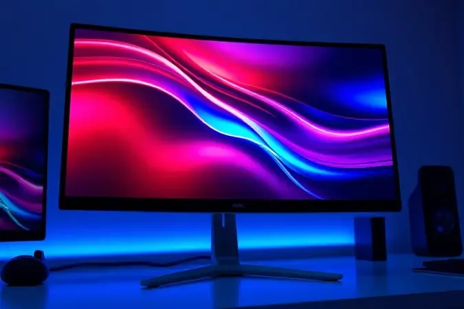 Renderização 3D conceitual de um monitor gamer moderno com tela exibindo gradiente abstrato de cores vibrantes em ambiente limpo.