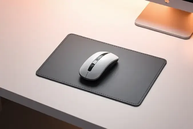 Render 3D conceitual de mousepad limpo com mouse estilizado sobre mesa moderna e minimalista com iluminação suave.