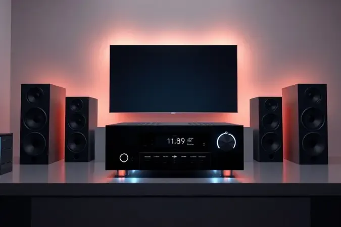 Renderização 3D mostrando receiver como hub central conectando caixas de som e TV em home theater.