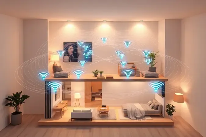 Ilustração 3D conceitual de residência em corte com nós de rede mesh distribuindo sinal Wi-Fi por todos os cômodos.