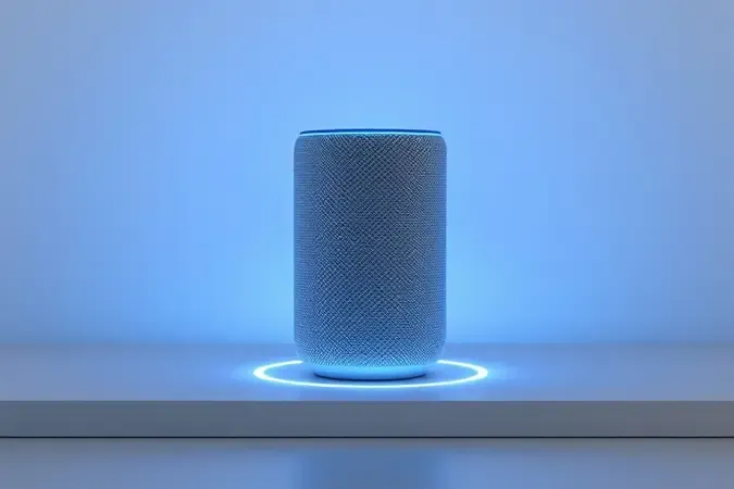 Renderização 3D conceitual de smart speaker genérico com ondas sonoras representando assistente de voz e tecnologia inteligente.