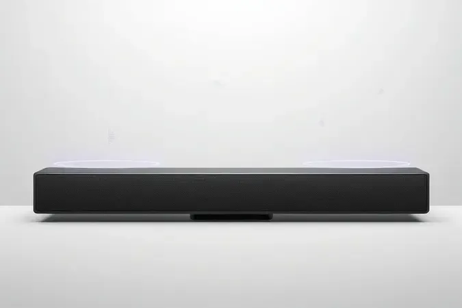 Render 3D conceitual mostrando formato alongado e minimalista de uma soundbar com ondas sonoras abstratas ao redor