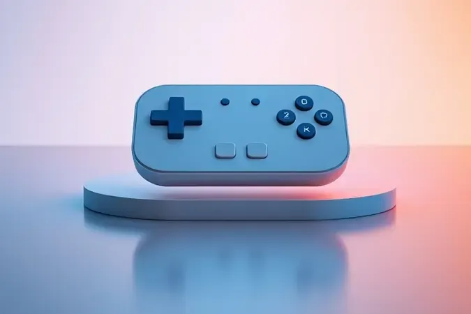 Visualização conceitual 3D de um controlador programável com múltiplos botões limpos flutuando sobre superfície com iluminação gradiente suave.