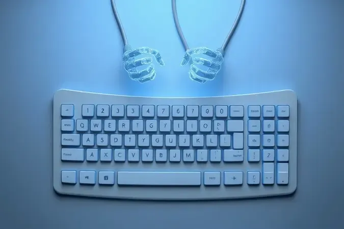 Renderização 3D conceitual mostrando teclado ergonômico curvo com wireframe de mãos demonstrando a postura natural dos pulsos durante a digitação.