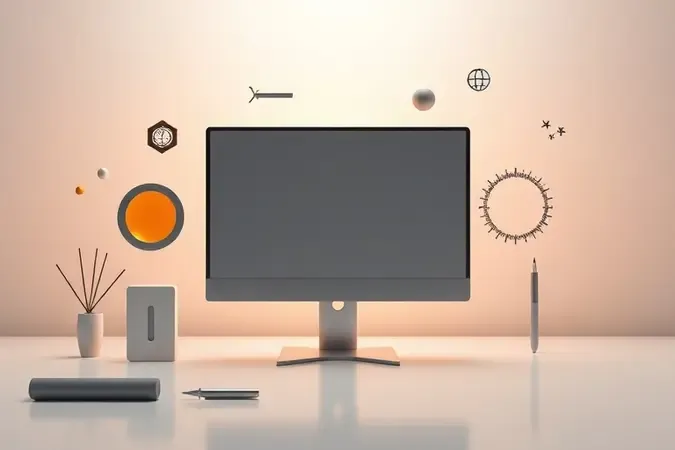 Elementos conceituais representando fatores a considerar antes de comprar um monitor em render 3D minimalista.