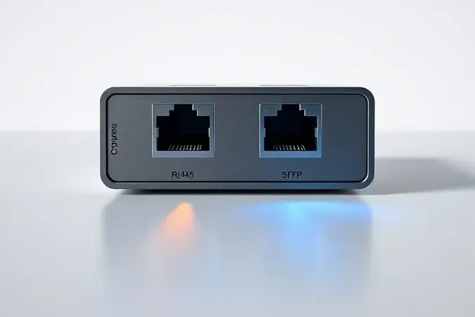 Render 3D de um conversor de mídia genérico mostrando portas RJ45 e slots SFP para fibra óptica em ambiente clean.