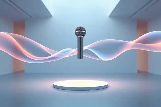 Visualização conceitual de ondas sonoras abstratas emanando de microfone sem fio em renderização 3D com tons azuis e âmbar.