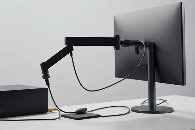 Renderização 3D conceitual de organização de cabos em braço articulado para monitor com design minimalista e clean