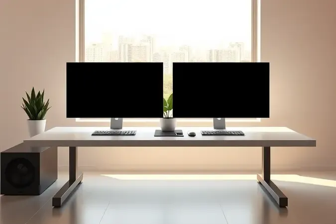 Render 3D de dois monitores idênticos alinhados em mesa espaçosa de home office com iluminação natural e atmosfera produtiva.