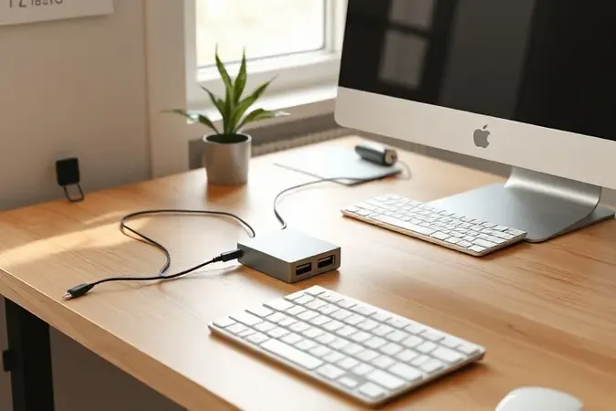 Espaço de trabalho organizado com hub USB central, gerenciamento de cabos e acessórios em render 3D clean e moderno.