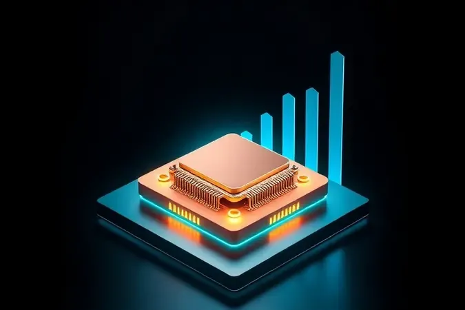 Conceito 3D de overclock de processador com barras de luz ascendentes representando aumento de desempenho.