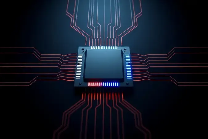 Processador genérico com linhas abstratas de energia em tons azul e laranja simbolizando overclock e aumento de desempenho em processadores Intel.