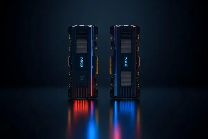 Render 3D conceitual de módulos DDR5 com ondas de energia azul e âmbar representando perfis XMP e EXPO.