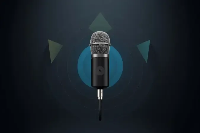 Render 3D de microfone USB com visualização de padrões polares cardioide, omnidirecional e bidirecional em formas geométricas translúcidas.