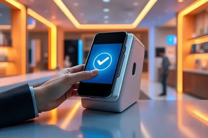 Render 3D conceitual de pagamento por aproximação com smartphone e terminal exibindo confirmação visual de transação via NFC.