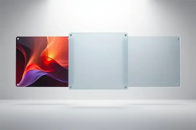 Renderização 3D com três painéis de vidro flutuantes representando as tecnologias IPS, VA e TN lado a lado.