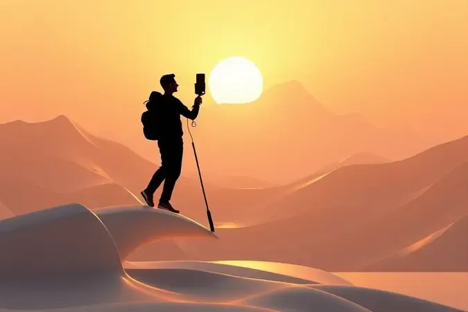 Cena 3D conceitual ilustrando usos do pau de selfie em viagens e momentos fotográficos.
