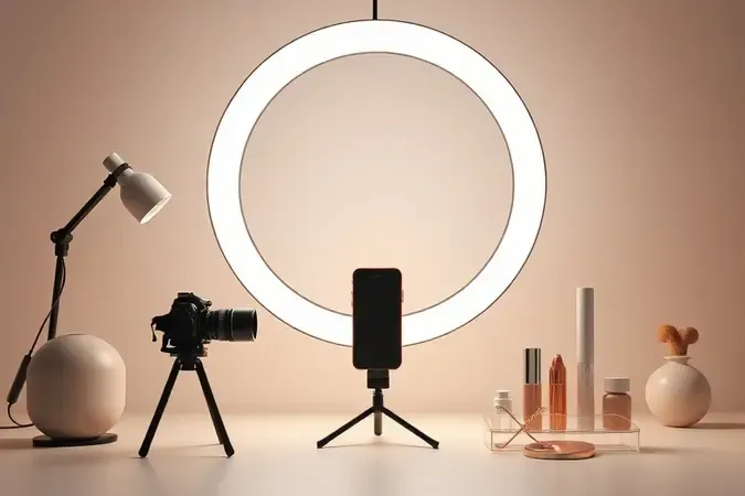 Ring light iluminando diferentes cenários criativos como fotografia, gravação de vídeo e uso em maquiagem em ambiente de estúdio minimalista.