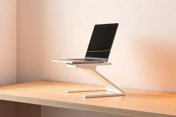Ilustração 3D conceitual mostrando notebook elevado em suporte com indicação ergonômica de alinhamento visual e postura correta.