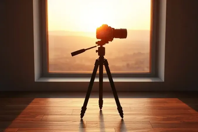 Renderização 3D conceitual mostrando tripé com câmera em ambiente iluminado para fotografia