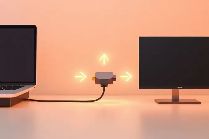 Visualização 3D do processo de conexão entre notebook HDMI, adaptador e monitor VGA com indicações de fluxo luminosas e ambiente clean.
