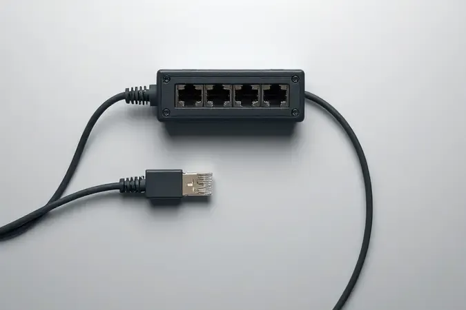 Renderização 3D do passo a passo para utilização de testador de cabos RJ45 com cabos posicionados nas portas.