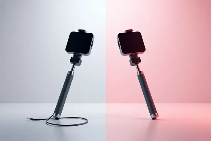 Comparação conceitual 3D entre pau de selfie com fio e bluetooth em composição dividida.