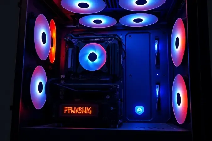 Renderização 3D do interior de PC gamer com foco em organização de cabos, ventoinhas iluminadas e visualização de fluxo de ar.