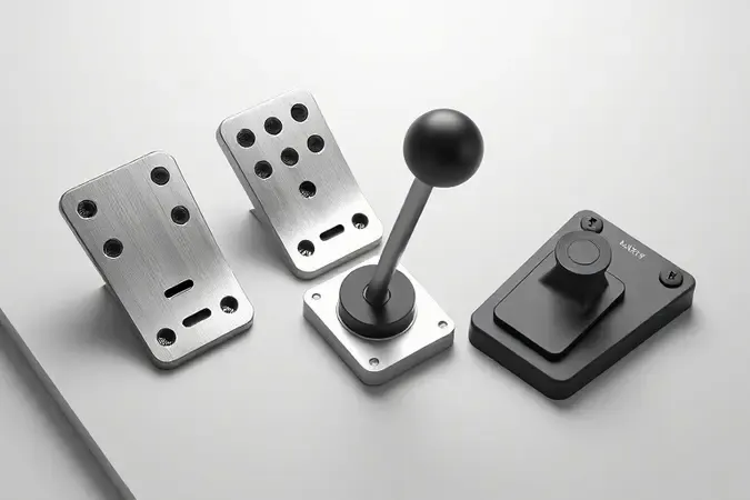 Renderização 3D conceitual de conjunto de pedais de corrida com face metálica e câmbio standalone em composição minimalista.