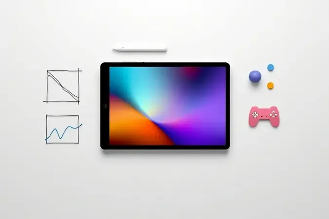 Tablet genérico rodeado por elementos abstratos representando diferentes perfis de uso como trabalho, estudo, desenho e jogos.
